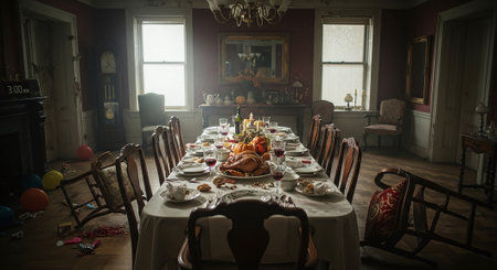 Thanksgiving dinner in the living room at home. Selective focus.の素材