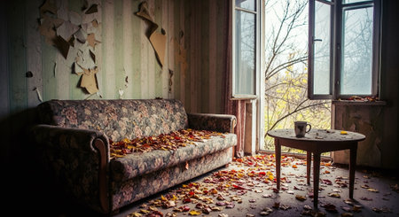 Vintage room with sofa, coffee table and fallen leaves in autumn.の素材