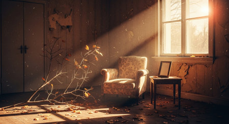 Abandoned room with armchair, chair and window with sunlight.の素材