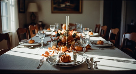 Halloween table setting with pumpkins and candles. Selective focus.の素材