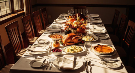Festive table setting for Thanksgiving dinner in the interior of the restaurantの素材