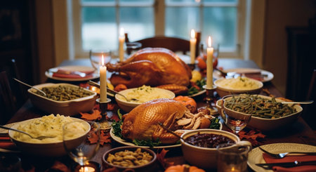 Thanksgiving dinner table with roasted turkey, autumn leaves and candied fruitsの素材