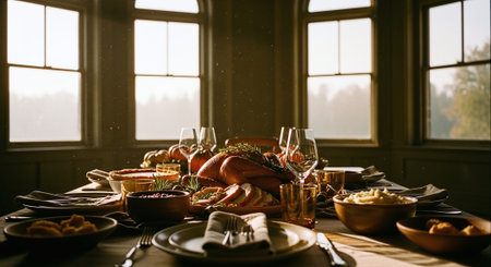 Festive table for Thanksgiving dinner in rustic style, selective focusの素材