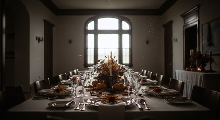 Wedding Banquet Table Decorated with Autumn Leaves and Candlesの素材