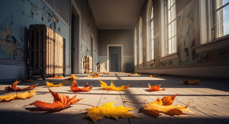 Fallen leaves on the floor in an old abandoned building. Autumn concept.の素材