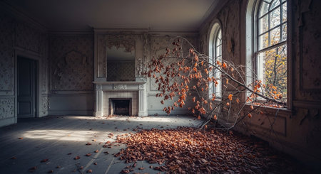 Interior of an old mansion with fireplace and fallen leaves in autumnの素材