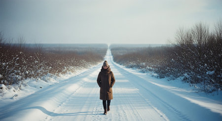 A young woman walks along a snowy road in winter. A girl in a brown coat walks along a snowy road.の素材