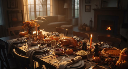 Beautiful halloween table setting with roasted turkey, pumpkins, candlesticks and candlesの素材