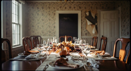 Beautiful table setting for Thanksgiving dinner in vintage style. Selective focus.の素材