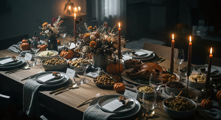Autumn table setting with pumpkins, candlesticks and candlesの素材