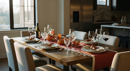 Table setting for Thanksgiving or other holiday dinner in a cozy home interiorの素材