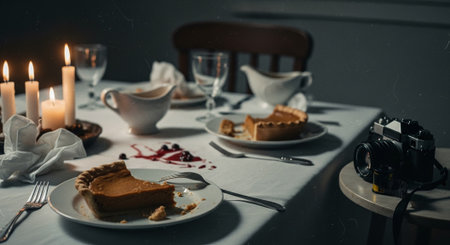 Still life photography of a piece of cake on a table with candles and a cameraの素材