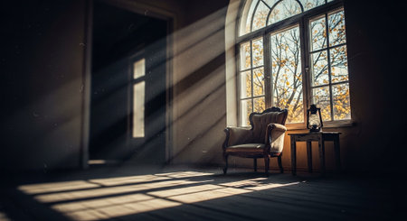 Interior of a room with an armchair in the rays of sunlightの素材