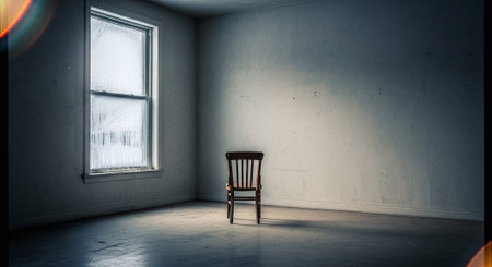 Interior of an empty room with a wooden chair and a windowの素材