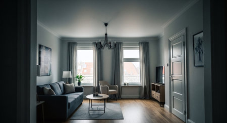 Interior of a living room with a sofa and a coffee tableの素材