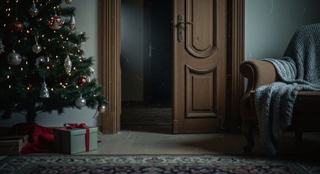 Christmas tree and gifts on the wooden floor at night in the roomの素材