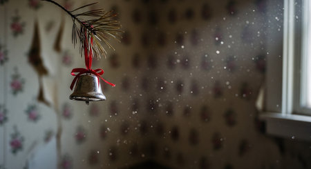 Christmas bell on the background of the Christmas tree with falling snow.の素材