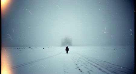 Winter landscape with fog and snowflakes on the road. Silhouette of a man walking in the snow.の素材