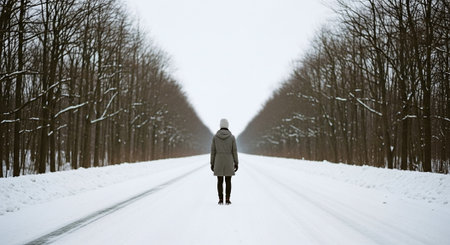 A woman in a gray coat walks along a snowy road through the winter forest.の素材
