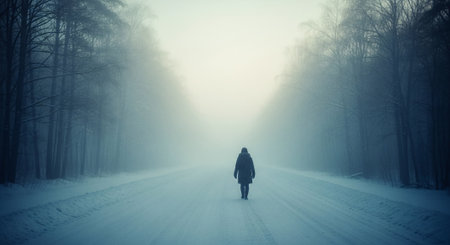 Man walking on a winter road through the forest in foggy weatherの素材