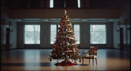 Christmas tree and chair in a room with large windows. Christmas backgroundの素材