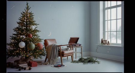 Interior of living room with christmas tree, chair and fireplaceの素材