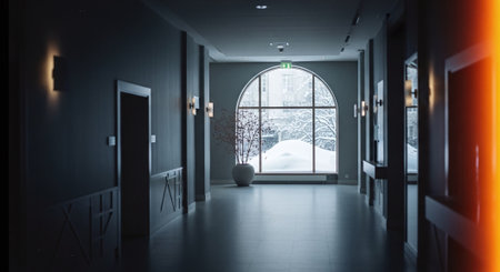 Hotel corridor with large windows and snow in winter. 3d renderingの素材