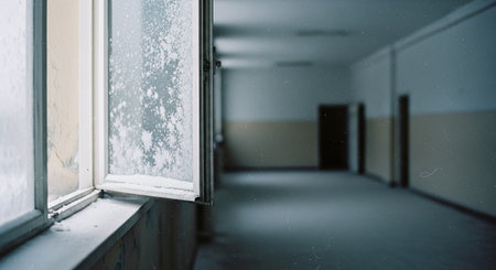 Blurred background of a corridor with windows in a hospital or clinic.の素材
