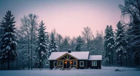 Beautiful winter landscape with a wooden house in the middle of a snowy forestの素材
