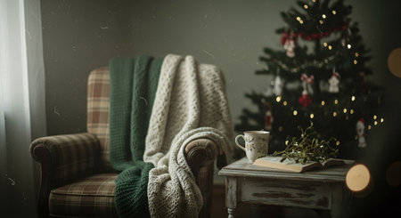 Cozy home interior. Cozy living room with christmas tree, coffee cup and knitted blanket.の素材