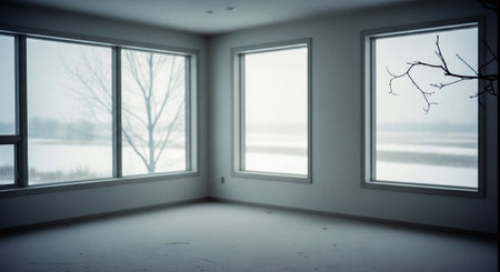 Empty room with window and winter landscape. 3D Rendering.の素材