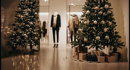 Christmas tree, gifts and mannequins in the shopping mallの素材