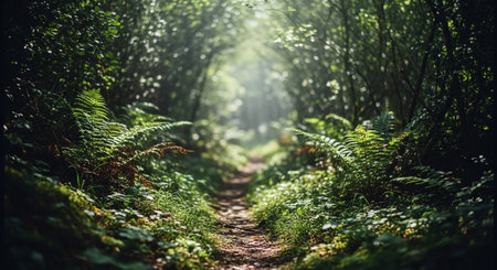 Path in the forest with green leaves and ferns. Nature backgroundの素材