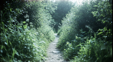 Path in the green forest. Nature background. Shallow depth of fieldの素材