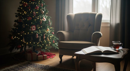 Cozy living room with a Christmas tree, a chair and a bookの素材