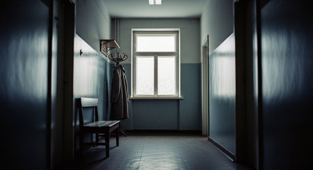 Interior of an old hospital corridor with a chair and a windowの素材