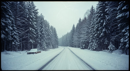 Beautiful winter landscape with a road in the forest. Toned.の素材