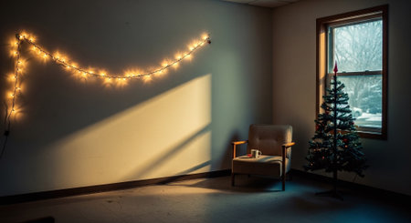Christmas tree in a room with an armchair and garland.の素材