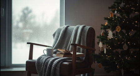 Cozy home interior with Christmas tree, cozy armchair and knitted blanketの素材