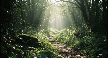 Path in the forest with sun rays passing through trees and plants.の素材
