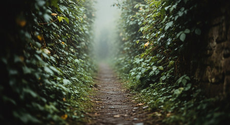Path in the woods covered with ivy and green leaves on a foggy dayの素材