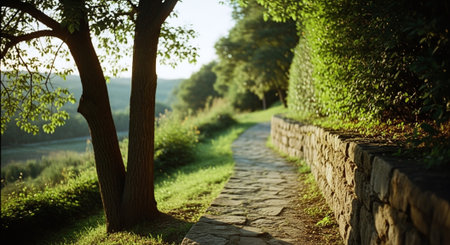 Stone path in the park with green trees and blue sky in backgroundの素材