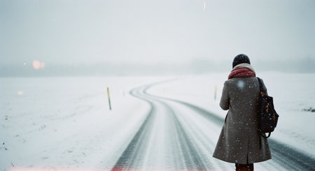 A young woman is standing on the road in the snowfall.の素材