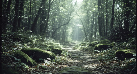 Path in the dark forest with mossy stones and sunbeamsの素材