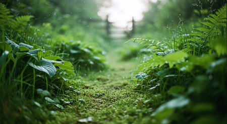 Pathway in the forest with grass and ferns. Natural backgroundの素材