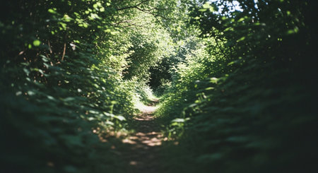 A long tunnel in the forest with green leaves on the ground.の素材