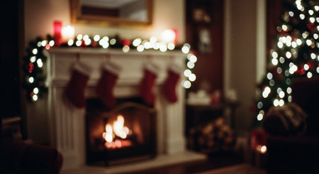 Defocused christmas background with bokeh lights and fireplace.の素材