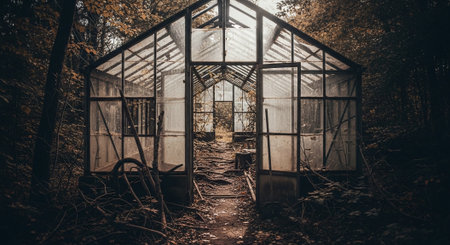 Abandoned greenhouse in the forest. Filtered image processed vintage effect.の素材