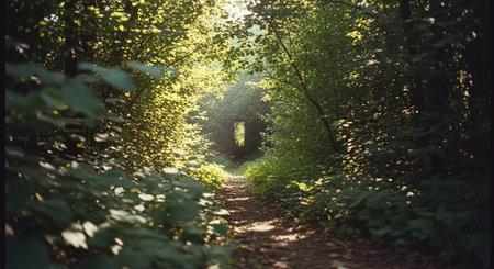 Pathway in the forest in the rays of the setting sun.の素材