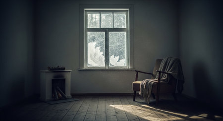 Abandoned room with armchair and fireplace, 3d renderの素材